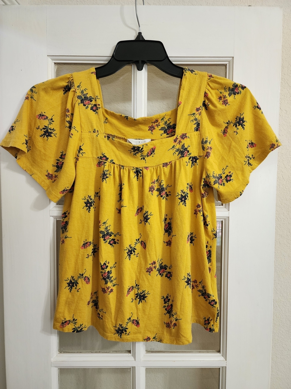 Lucky Brand Mustard Yellow Floral Square Neck Boho Peasant Top S
